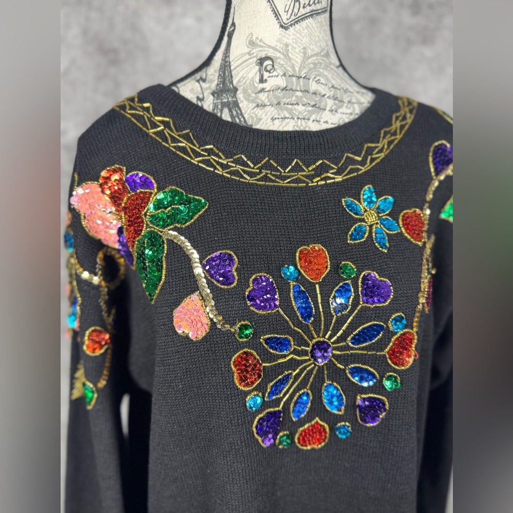 Vintage SML Sport Embellished Tunic Sweater M | Artwear Jewel Tone Beaded Floral - Picture 3 of 12